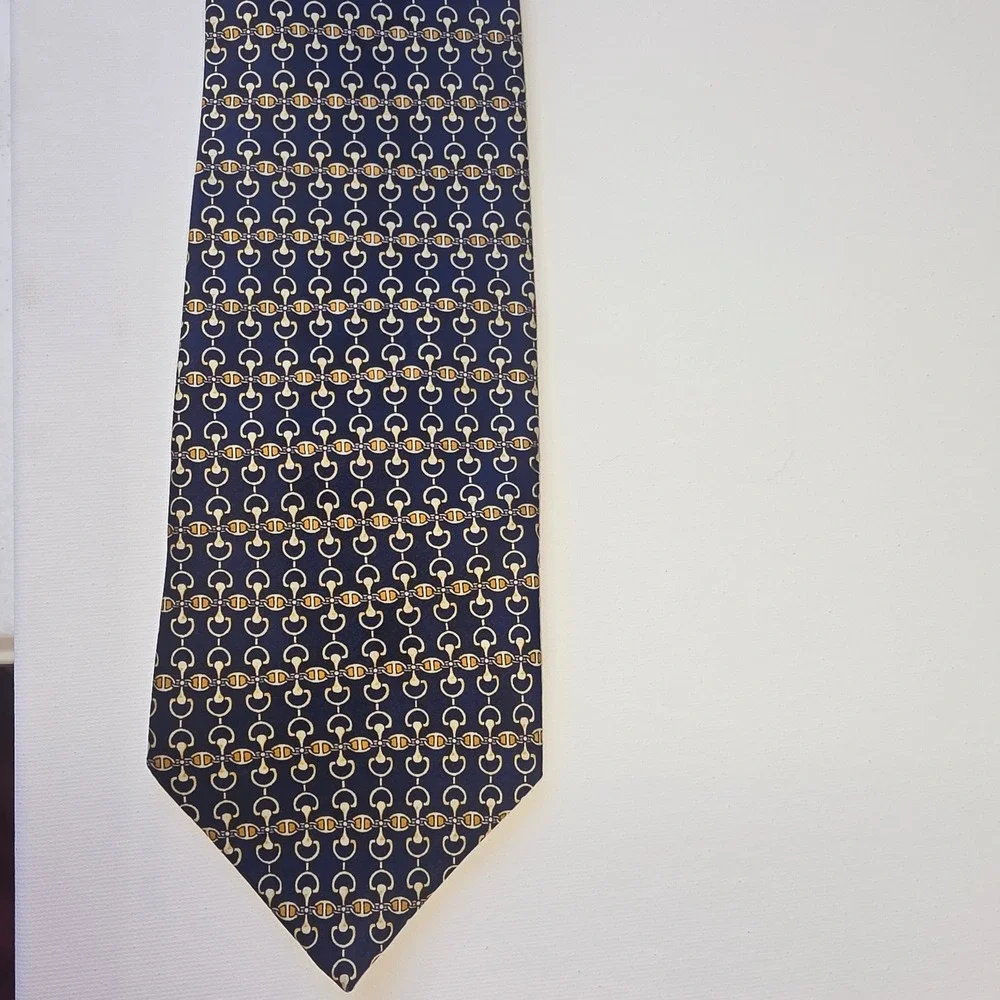 Como House Italy Silk Tie Navy Blue Gold Horsebit Chain Link Equestrian Mens